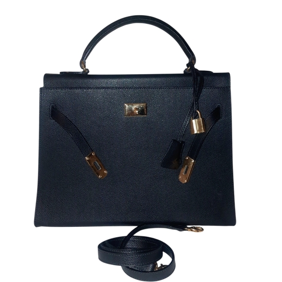 Vtg Black Epsom Leather Kelly Bag w/Clochette Lock Key & Strap GHW 32cm Italy - Picture 9 of 15